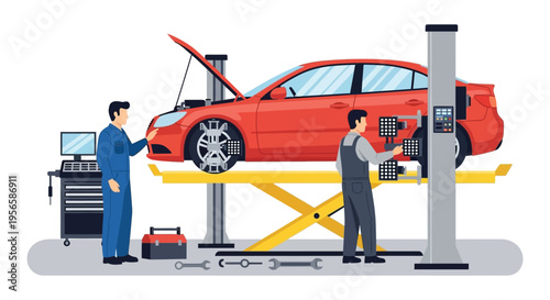 Automotive repair shop with mechanics inspecting a red car on a lift featuring a flat silhouette high quality professional detailed modern