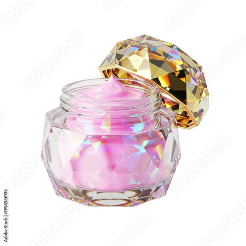 A pink cream in a crystal jar with a gold lid isolated on transparent background