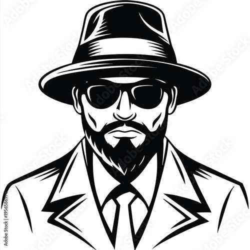 Stylish monochrome shows a bearded man with hat, sunglasses, and suit in vector