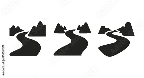 A minimalist depiction of three winding rivers flowing through mountainous terrain presented as a striking silhouette high quality professional detailed modern