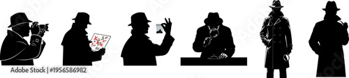 Private investigator and forensic expert silhouette icons set