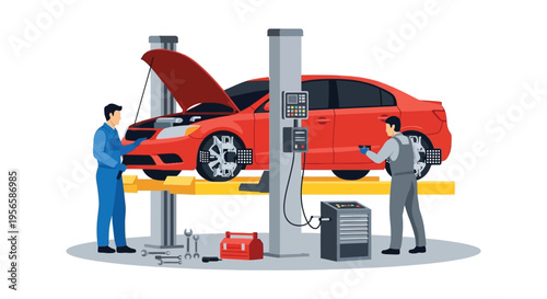 Automotive repair scene featuring two mechanics working on a red car lifted on a hoist in silhouette high quality professional detailed