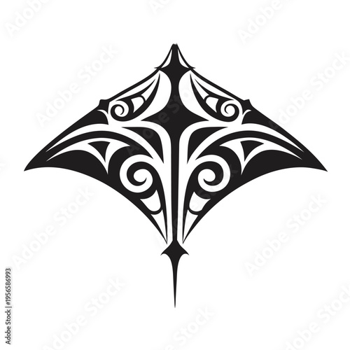 Stylized black manta ray displays intricate Maori tribal tattoo art patterns on its wings