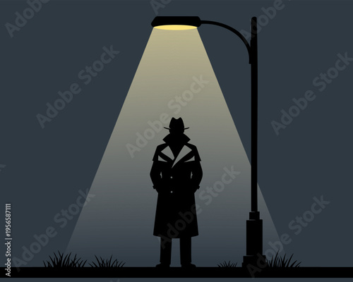 Mysterious man silhouette standing under street light at night