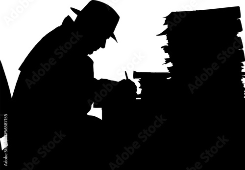 Silhouette of a detective in a hat and coat writing at a desk with a large stack of papers on a transparent background
