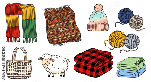 Cozy winter essentials including knitted scarf, blankets, yarn, and sheep illustration