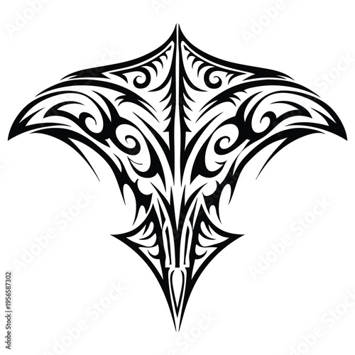 Tribal inspired tattoo displays elaborate curvilinear patterns that spread across the body in bold black ink