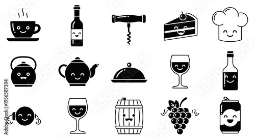 Collection of cute kawaii food and drink icons with happy faces