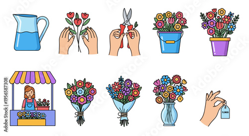 Collection of colorful floral illustrations depicting various aspects of floristry and flower arrangements