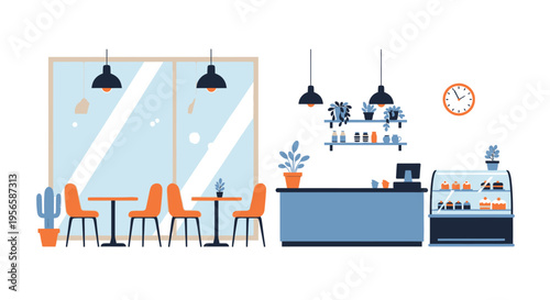 A brightly colored modern cafe interior with seating and a counter