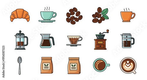 Collection of coffee and breakfast icons, including beans, croissant, and brewing equipment