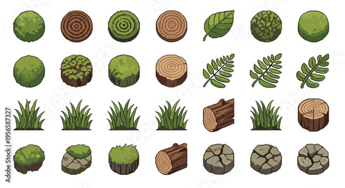 Collection of pixel art nature elements including trees, logs, grass, and leaves