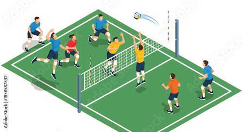 Isometric illustration of a volleyball game with players in action