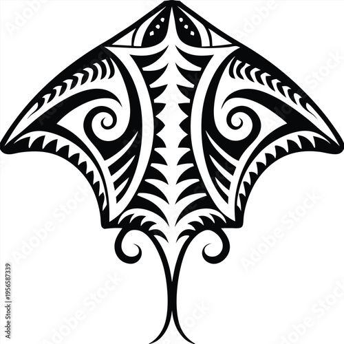 Tribal tattoo art shows a manta ray with black ornate swirling patterns