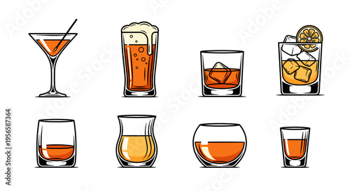 Collection of diverse alcoholic beverage glasses with amber liquids and garnishes