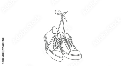 A simple line drawing depicts a pair of hanging sneakers