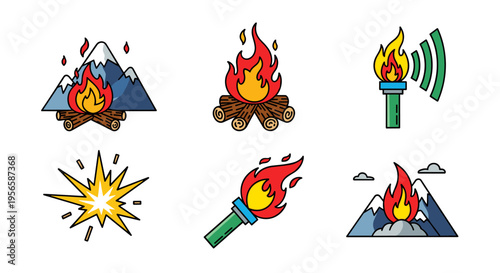 Set of stylized fire and flame icons for camping, adventure, and communication themes