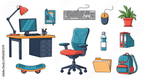 Collection of office and school supplies, computer, desk, chair, and backpack