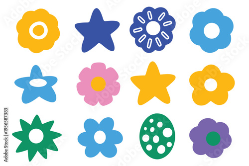 Twelve vibrant, isolated whimsical flower and star shapes are arranged neatly on a white canvas