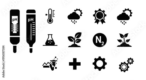 Collection of science and agriculture icons including pH meters, thermometer, plant growth, and chemical symbols