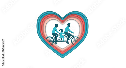 A layered heart shape contains a silhouetted family riding a tandem bicycle
