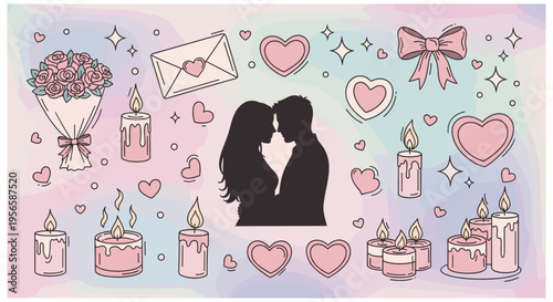 Romantic Valentines Day illustration with pastel colors and cute cartoon style for wedding invitation
