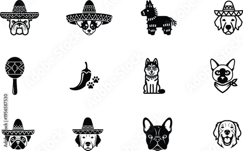 black and white mexican themed dog and animal illustrations