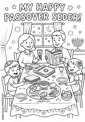  Family at Seder table coloring page, cartoon style, black-and-white line art, fun and educational, A4 portrait, Jewish holiday illustration for kids