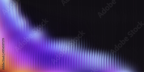 Dark abstract glass backdrop with vibrant purple, blue, and orange light bands. Vertical refraction stripes, glossy glow, modern holographic atmosphere. Vector illustration.