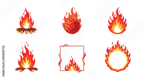 Cartoon illustrations of various stylized flames and fire designs