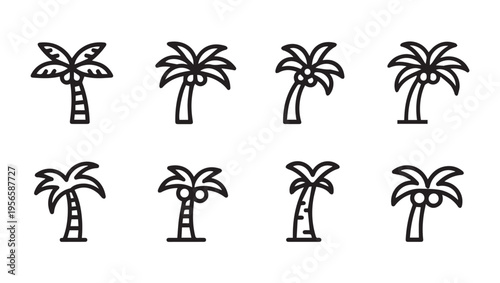 Collection of Simple Line Art Palm Trees with Coconuts Isolated on White Background Vector Icons
