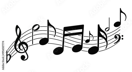 A flowing arrangement of musical notes and staff lines creates a dynamic visual representation silhouette high quality professional detailed modern