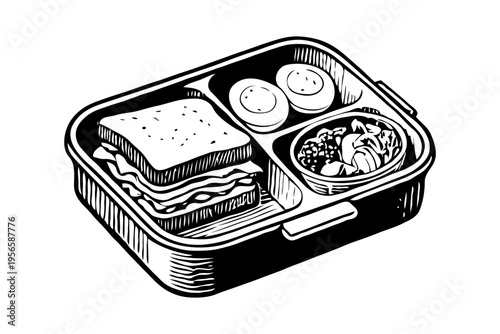 Lunchbox containing sandwich, boiled eggs, and vegetable salad, hand-drawn sketch style, isolated on white background, concept of meal prep