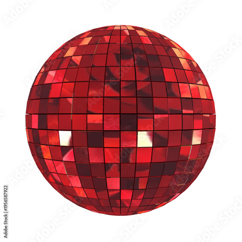 Red shiny disco ball with mirror facets isolated on transparent background. 3D render.