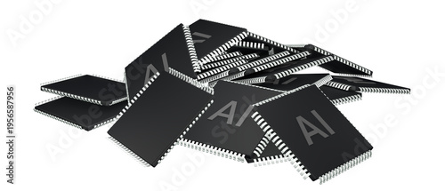 Stack of black computer microchips and electronic components isolated on transparent background. 3D render.