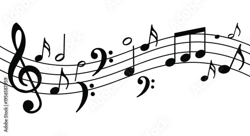 An elegant arrangement of musical notes and clefs flows across a white background presented as a silhouette high quality professional detailed