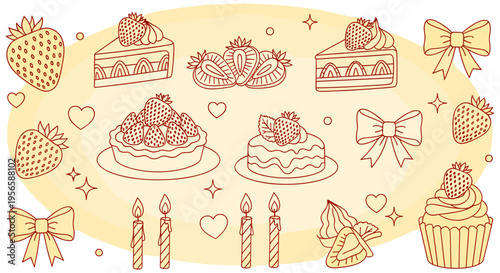 Colorful birthday desserts doodle in warm golden lighting for party decoration