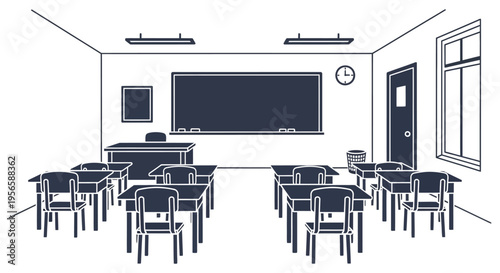 A minimalist depiction of an empty classroom with desks a chalkboard and a clock rendered as a silhouette high quality professional