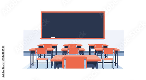 A brightly colored classroom setting with empty desks and a dark chalkboard rendered as a flat silhouette high quality professional detailed