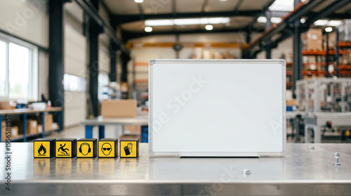 Wallpaper Mural Safety sign Warning icon Industrial safety Workplace hazard Protective equipment Safety instructions Blank board Factory interior Industrial environment Safety awareness Torontodigital.ca