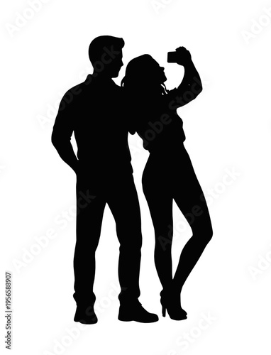 Black silhouette of a confident man and woman standing together in stylish pose. Minimal vector for fashion, relationship, nightlife, attitude and urban lifestyle themes.