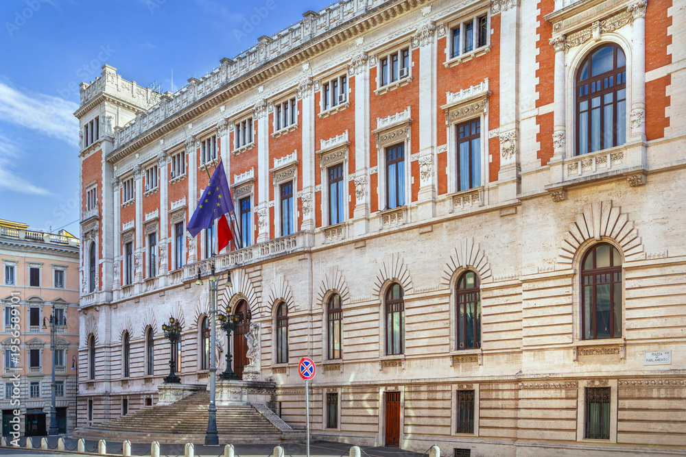 Obraz premium Main facade of Camera dei Deputati from Piazza del Parlamento in Rome, Italy. Liberty style architecture and sunny day