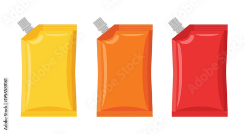 Three colorful pouch packages stand aligned displaying vibrant hues of yellow orange and red a bold silhouette high quality professional detailed modern