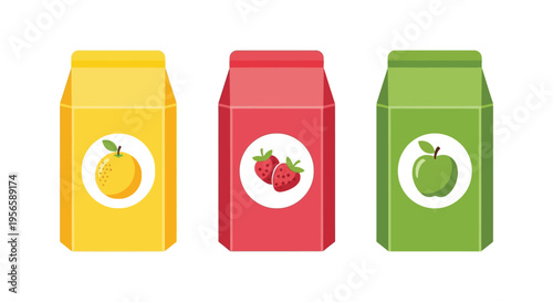 Three colorful juice boxes featuring fruit illustrations arranged in a row against a white background silhouette high quality professional detailed