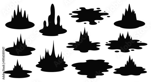 Abstract black shapes resembling islands or landmasses are displayed against a white background creating a stark silhouette high quality professional detailed