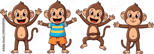 Cute Cartoon Monkey Characters Collection with Different Poses Smiling Jumping and Wearing Clothes Kids Friendly Vector Illustration Set