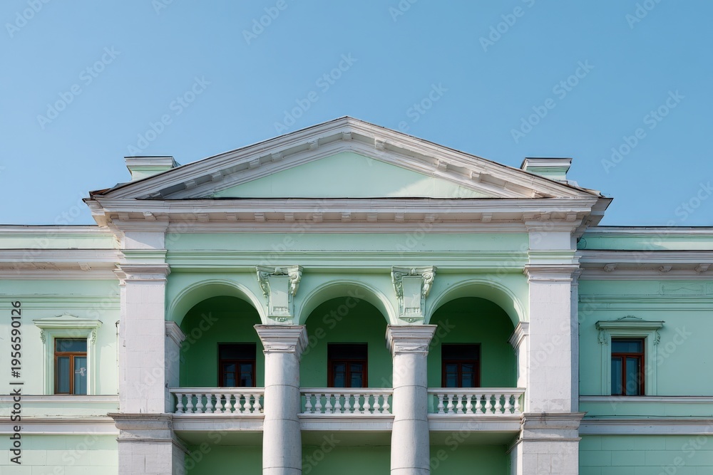Naklejka premium Mint green neoclassical building front with three arches flanked by columns balustrade and decorative pediment against clear sky