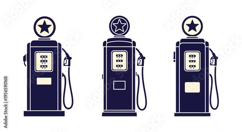 Vintage gas pumps are displayed in a row showcasing classic design and fueling infrastructure silhouette high quality professional detailed modern elegant