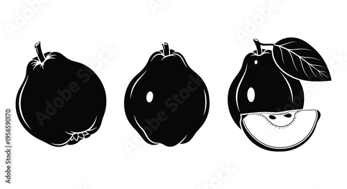 A striking black silhouette depiction of three quinces one halved showcasing their seeds and form silhouette high quality professional detailed modern