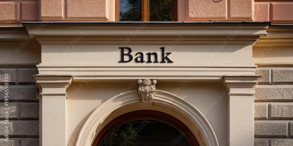 Obraz premium Historic bank facade with arched stone entrance and classical carved ornament on warm beige building exterior